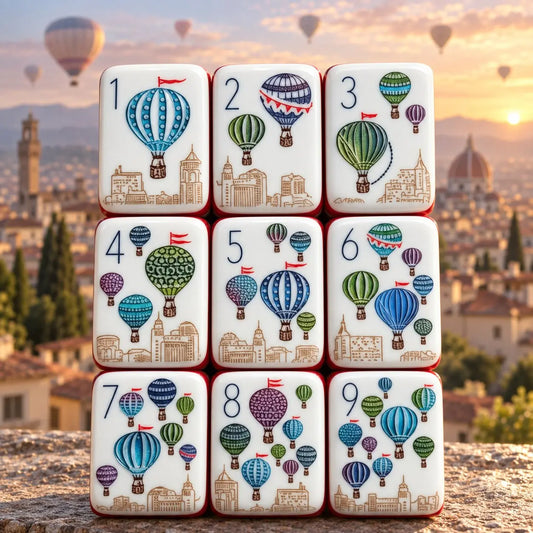 Hot Air Balloon Cityscape mahjong tile set in white, blue, red, green, yellow and orange