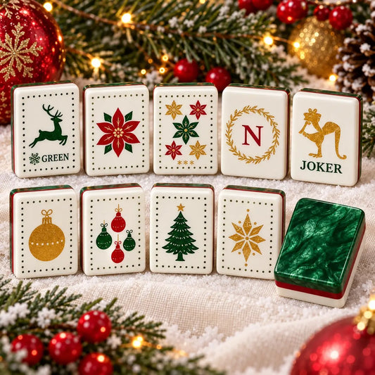 Christmas Reindeer Snowflakes Poinsettia Tree mahjong tile set in green, red, white, gold and brown