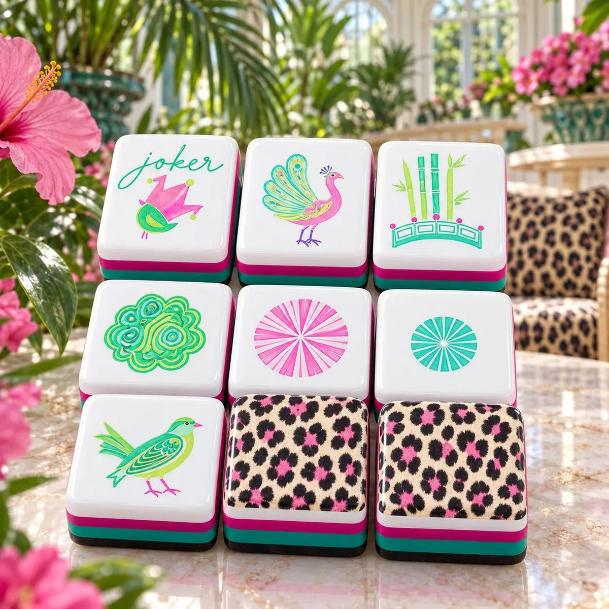 Floral Bird Pink Teal Green mahjong tile set in white, pink, teal, green, purple and gold