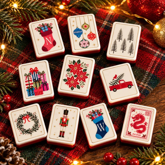 Christmas Holiday Stockings Trees Gifts mahjong tile set in red, green, white, gold, pink and blue
