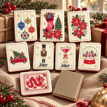 Christmas Ornaments Stockings Poinsettias Trees mahjong tile set in red, green, gold, white, beige, pink and blue