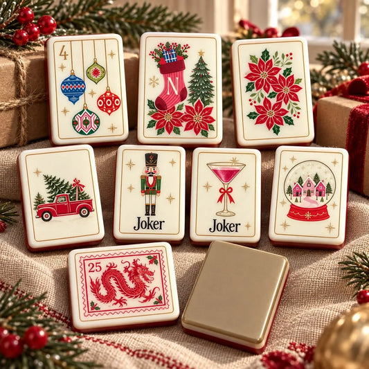 Christmas Ornaments Stockings Poinsettias Trees mahjong tile set in red, green, gold, white, beige, pink and blue