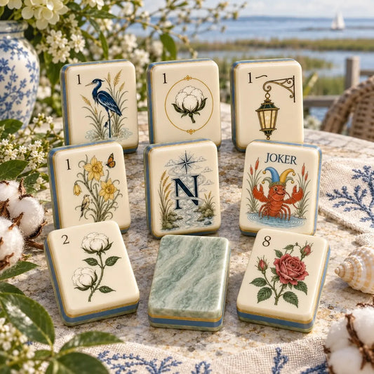 Coastal Botanicals Heron Crab Floral mahjong tile set in seafoam green, off-white, blue, gold, crab red and heron blue