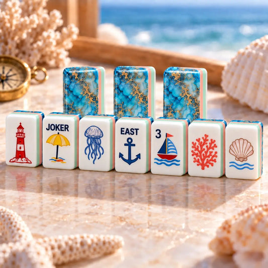 Coastal Nautical Lighthouse Jellyfish Seahorse mahjong tile set in white, blue, red, gold, turquoise, pastel pink and pastel green