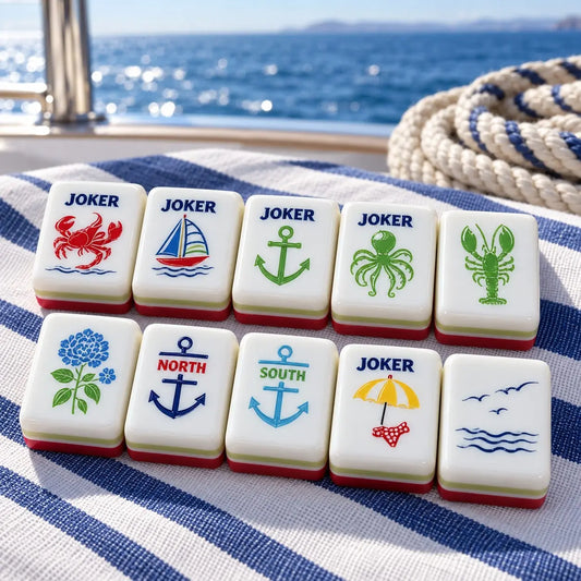 Nautical Ocean Coastal Sailboat Anchor mahjong tile set in white, red, blue, green, orange and yellow