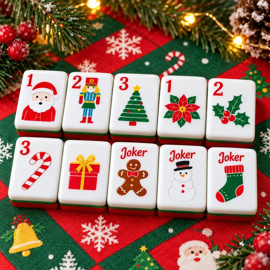Christmas Santa Reindeer Trees Holiday mahjong tile set in red, green, white, gold and blue