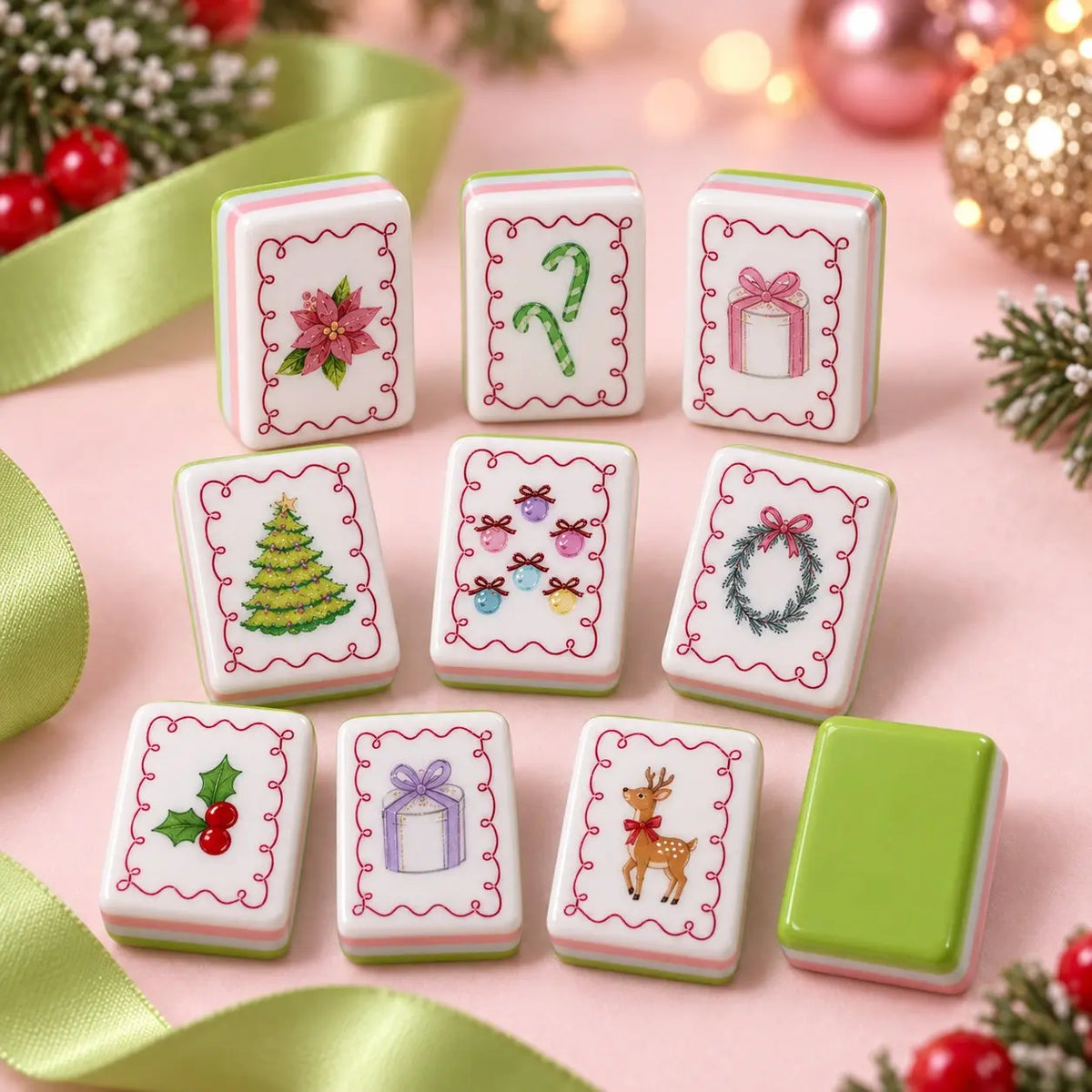 Christmas Lime Green Holiday mahjong tile set in lime green, white, pink, red and purple