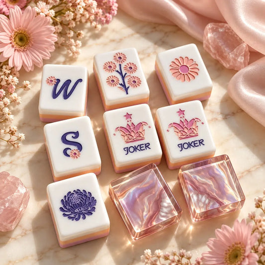 Marbled Pink Floral Tree mahjong tile set in white, pink, maroon, gold and blue