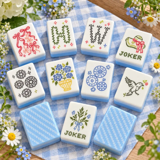 Sky Blue Floral Nature Flower mahjong tile set in sky blue, white, red, pink, green and yellow