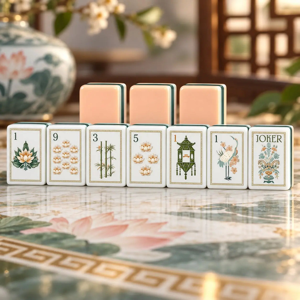 Peach Green Botanical Floral Pagoda mahjong tile set in off-white, peach, dark green, black and gold