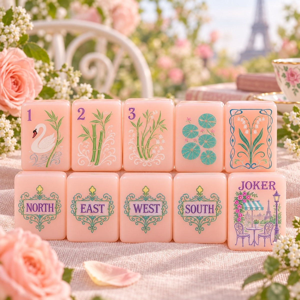 Peach Floral Parisian Pink Botanical mahjong tile set in light peach, pink, teal, purple, green and yellow