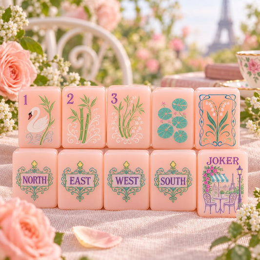 Peach Floral Parisian Pink Botanical mahjong tile set in light peach, pink, teal, purple, green and yellow