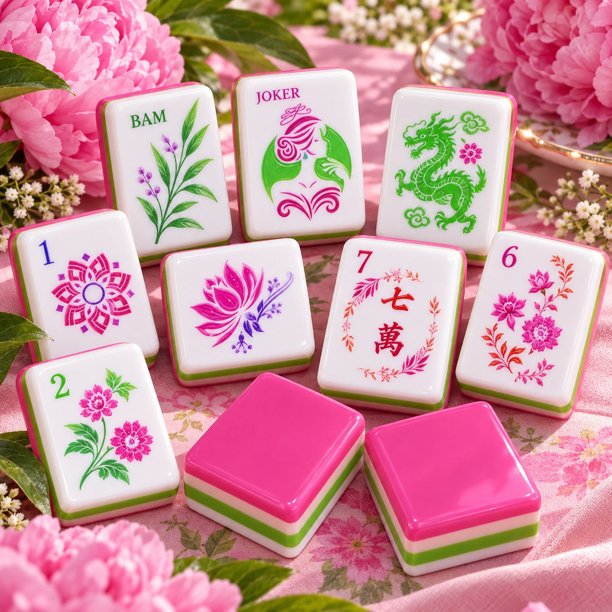 Pink Floral Botanical Flower Garden mahjong tile set in pink, white, green and purple