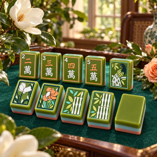 Green Botanical Flower English Honors mahjong tile set in green, white, pink, yellow and brown