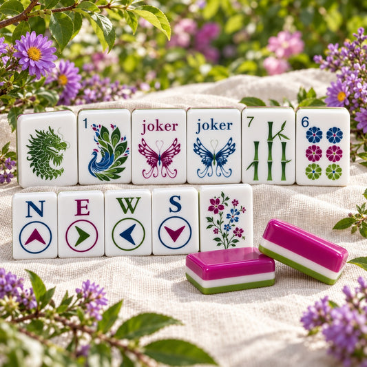 Birds Flowers Magenta mahjong tile set in magenta, white, green, blue, purple and pink