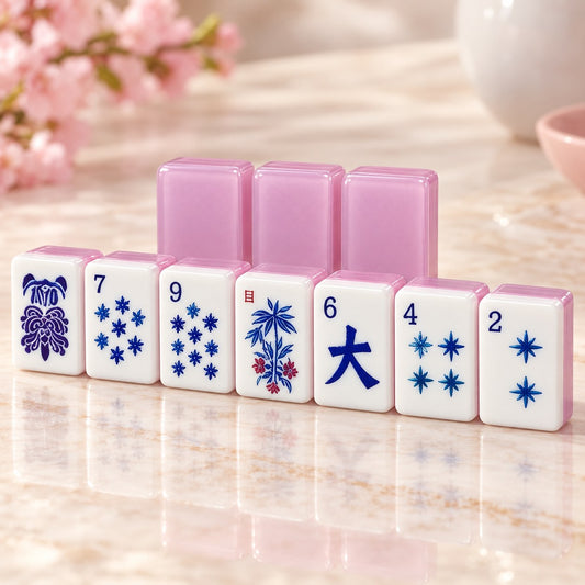Translucent Pink Floral Dragon mahjong tile set in translucent pink, white, blue and red
