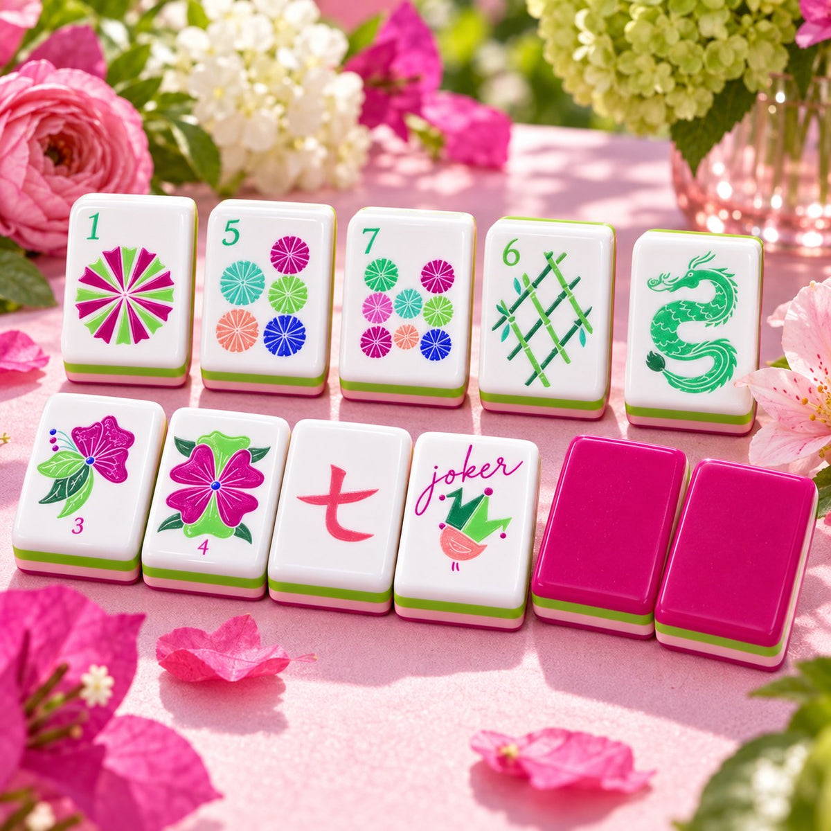 Pink Floral White Face Colorful mahjong tile set in white, pink, green, purple, blue and red