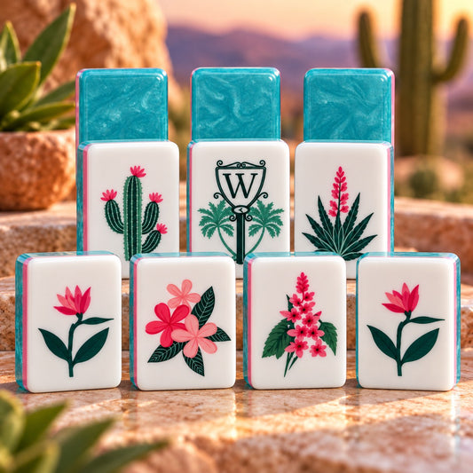 Floral Pink Flower Turquoise mahjong tile set in white, turquoise, pink, green and red