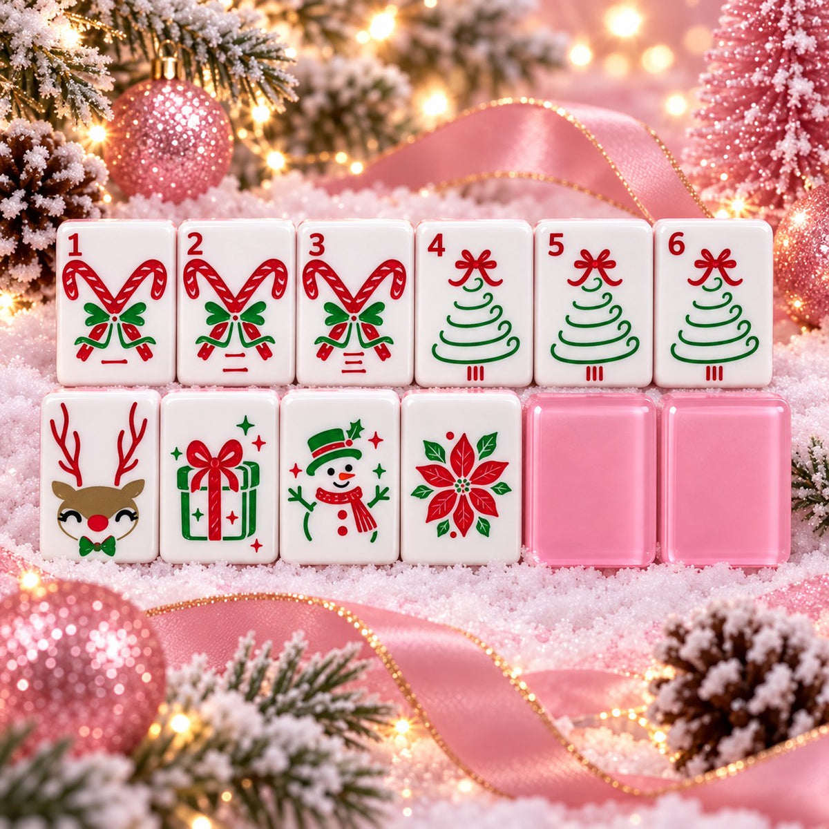 Pink Christmas Candy Canes Trees mahjong tile set in pink, white, red, green and gold