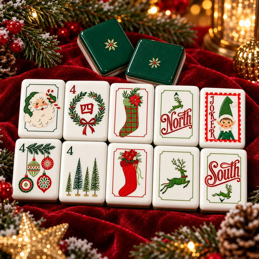Christmas Santa Elves Stockings Trees mahjong tile set in white, red, green, gold and dark green