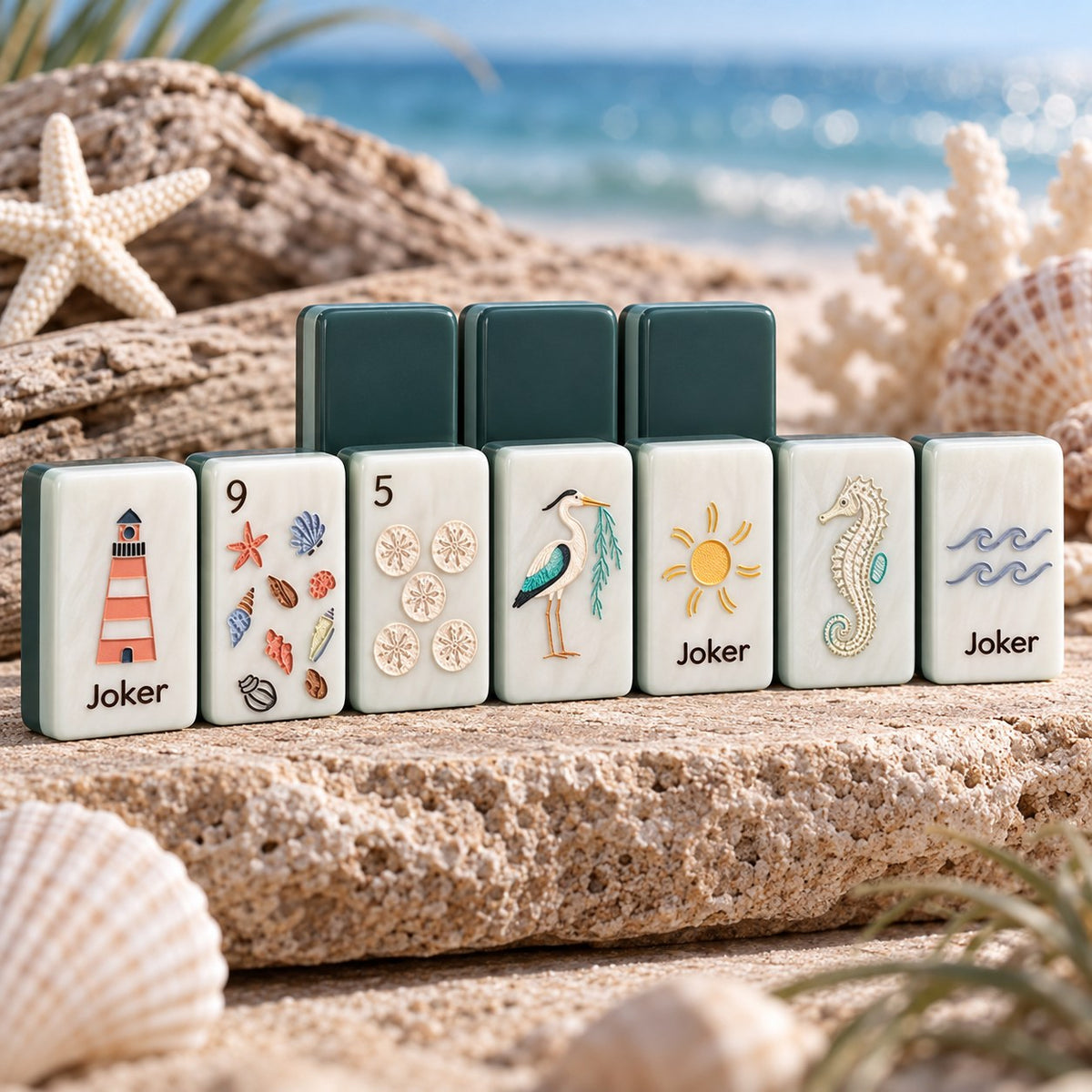 Coastal Nautical Ocean Lighthouse Seashells mahjong tile set in off-white, dark green, sage green, light blue, coral, beige and navy