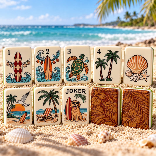 Coastal Tropical Beach Palm Tree mahjong tile set in white, brown, green, blue, orange and yellow