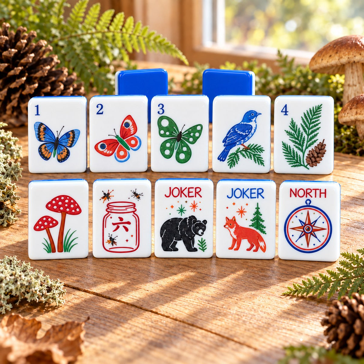 Nature Wildlife Jars Plants Animals mahjong tile set in white, blue, green, red, black, brown and orange