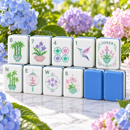 Floral Botanical Blue Green White mahjong tile set in white, blue, green, purple and pink