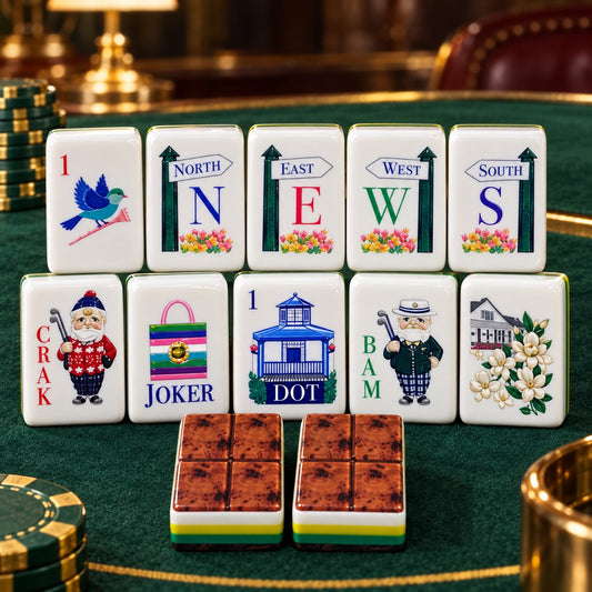 Casino Card Suit Joker Green mahjong tile set in white, green, yellow, brown, red, blue and black