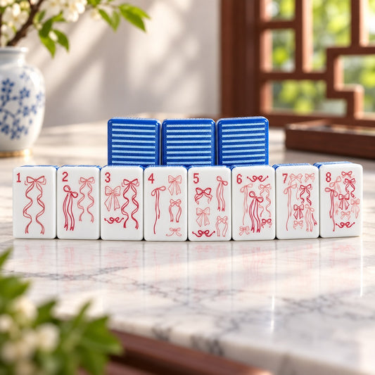 Blue Stripe Floral Bird Flower mahjong tile set in white, blue, red, yellow and green