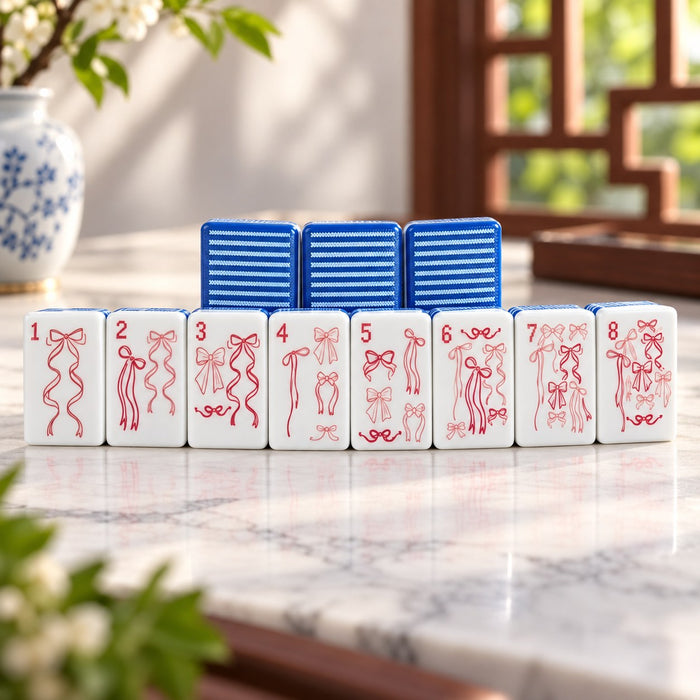Blue Stripe Floral Bird Flower mahjong tile set in white, blue, red, yellow and green