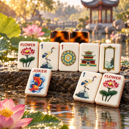 Lotus Crane Koi Pagoda Tortoiseshell mahjong tile set in white, brown, black, red, green, blue and gold