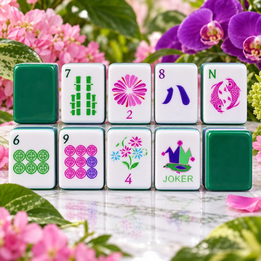 Floral Bird Pink Purple Green mahjong tile set in white, green, blue, pink, purple and red