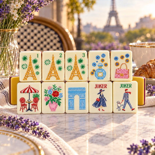 Paris Landmark Eiffel Tower French mahjong tile set in off-white, purple, yellow, green, red, blue and gold