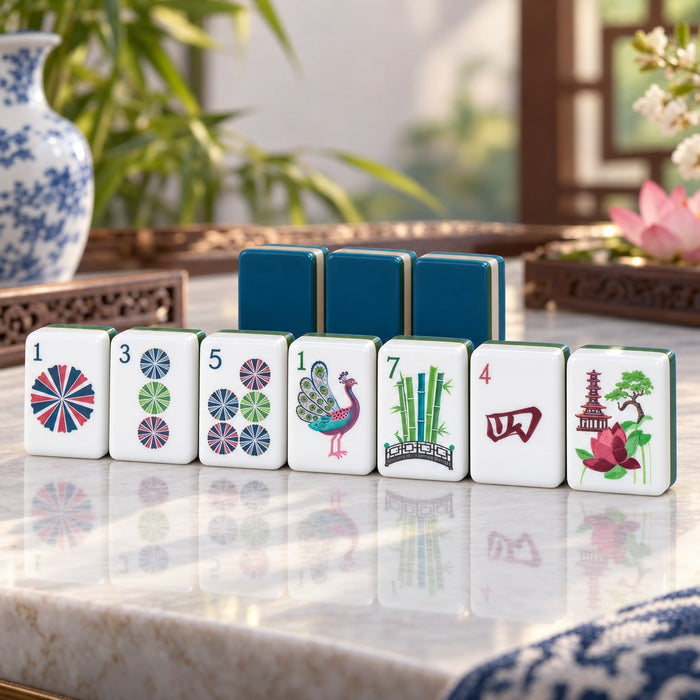 Teal Green Blue Botanical Pagoda mahjong tile set in white, green, blue, teal, purple, red and gold