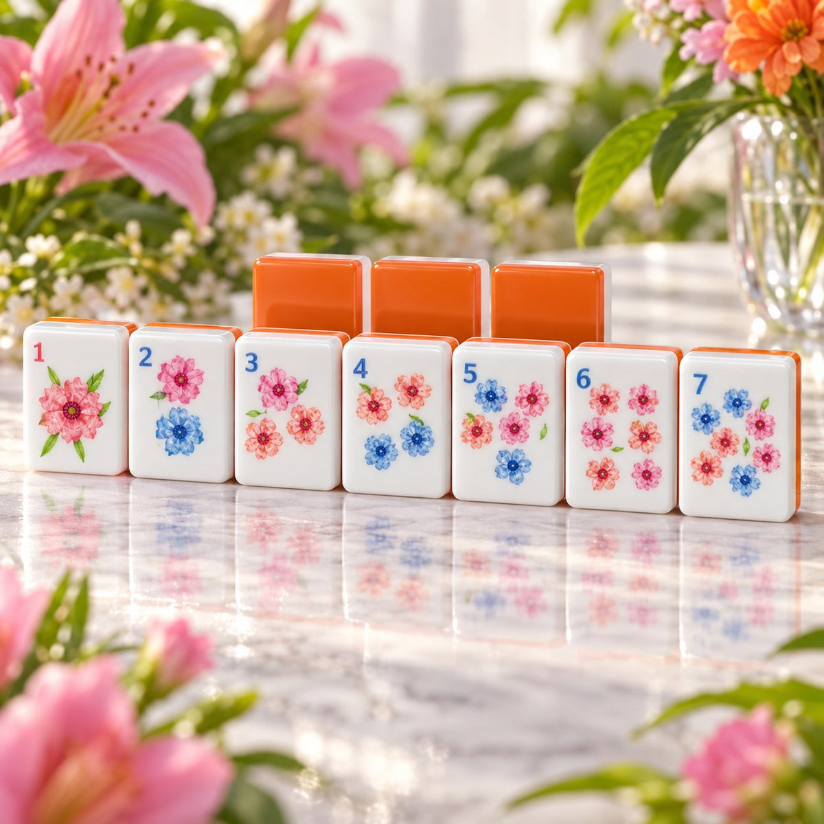 Floral Fruit Orange Green Pink mahjong tile set in white, orange, green, pink, blue and purple