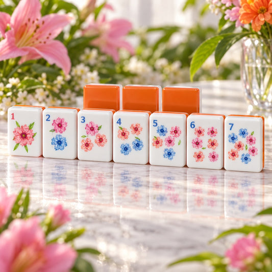 Floral Fruit Orange Green Pink mahjong tile set in white, orange, green, pink, blue and purple