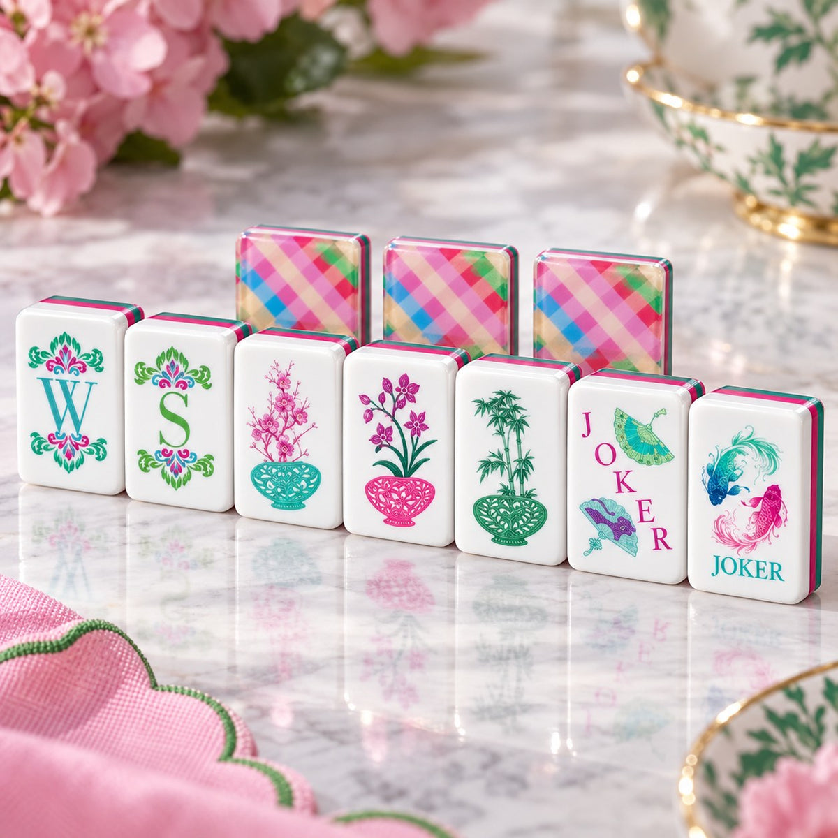 Floral Fruit Pink Green Plaid mahjong tile set in pink, green, white, purple and blue