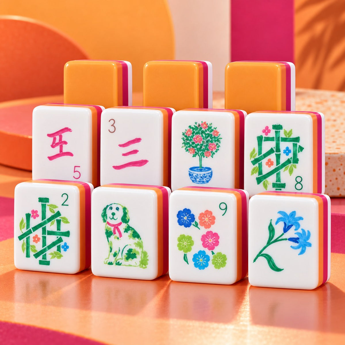 Floral Geometric Orange Pink White mahjong tile set in white, orange, pink, green, blue, red and yellow