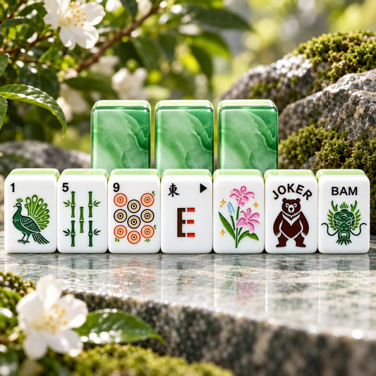 Marbled Mint Green Botanical Chinese mahjong tile set in mint green, white, red, black and orange