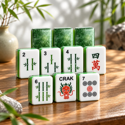 Jade Green Chinese White Faces mahjong tile set in jade green, white, red and black