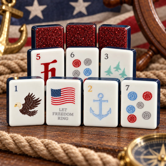 Patriotic Red White Blue Glitter mahjong tile set in red, white, blue and silver glitter