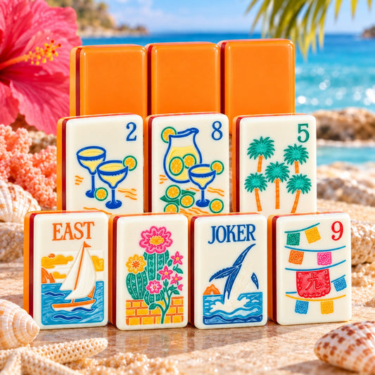 Coastal Tropical Orange Summer Beach mahjong tile set in white, orange, blue, green, yellow and red