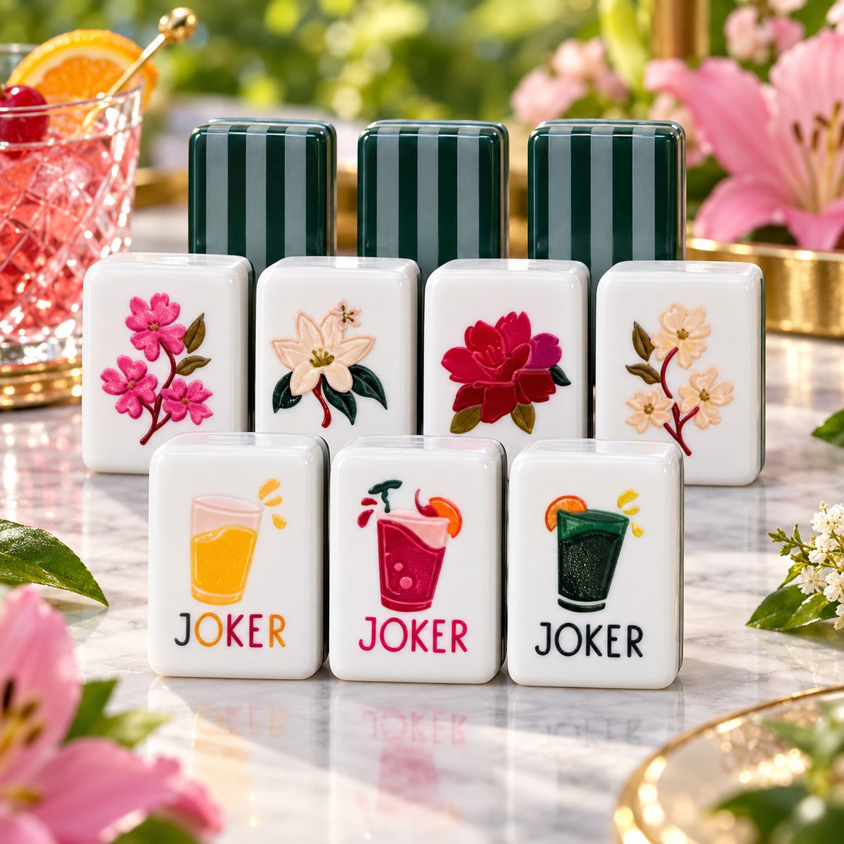 Floral Drink Joker mahjong tile set in white, green, red, yellow, black and pink