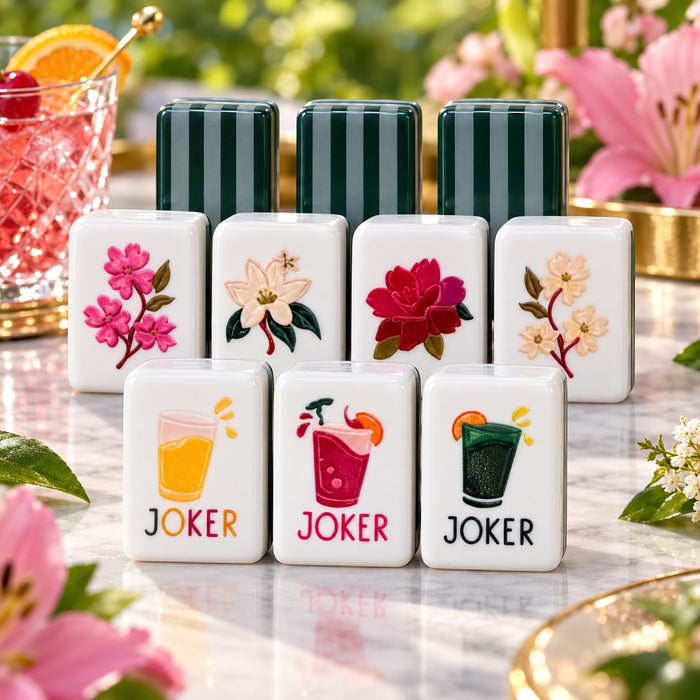 Floral Drink Joker mahjong tile set in white, green, red, yellow, black and pink