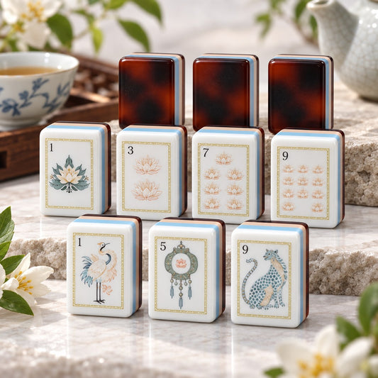 Botanical Flower Striped mahjong tile set in white, brown, blue, green, red and black
