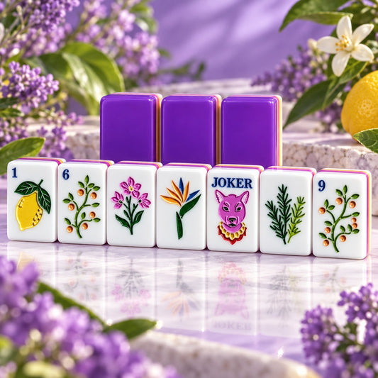 Botanical Fruit Flowers Animals Purple mahjong tile set in white, purple, green, yellow, pink, blue and red