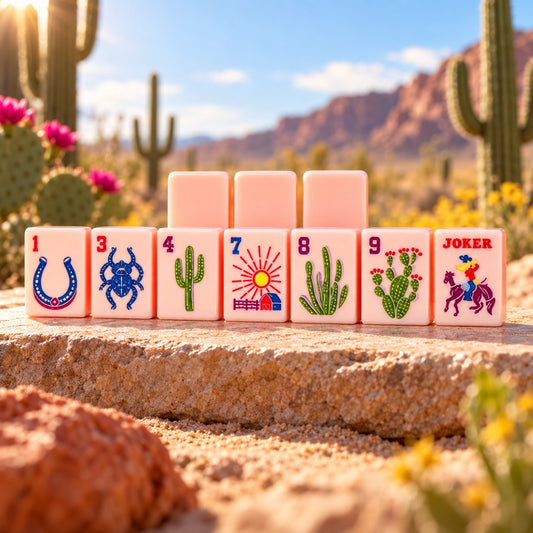 Cactus Horseshoe Firework Insect Cowboy mahjong tile set in pink, blue, red, green, yellow and purple