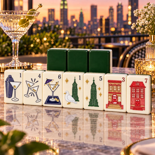 Cocktail City Drinks Landmark Building mahjong tile set in green, red, blue, yellow, purple, off-white and black