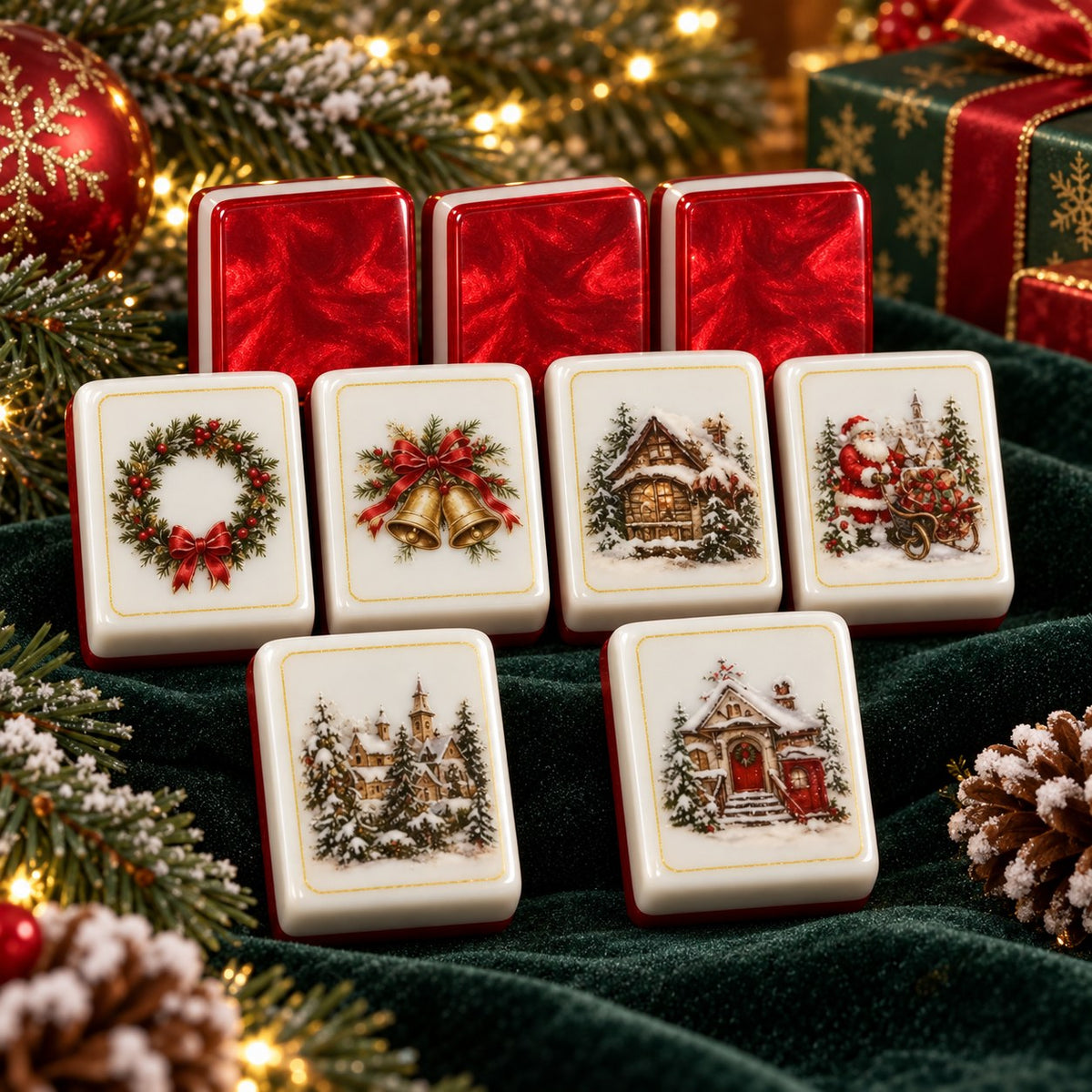 Christmas Marbled Red Backs Winter mahjong tile set in red, white, green and gold